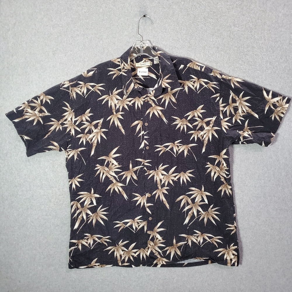 Moda Compia Moda Men Button Up Shirt XL Black Hawaiian Leaves Short Sleeve